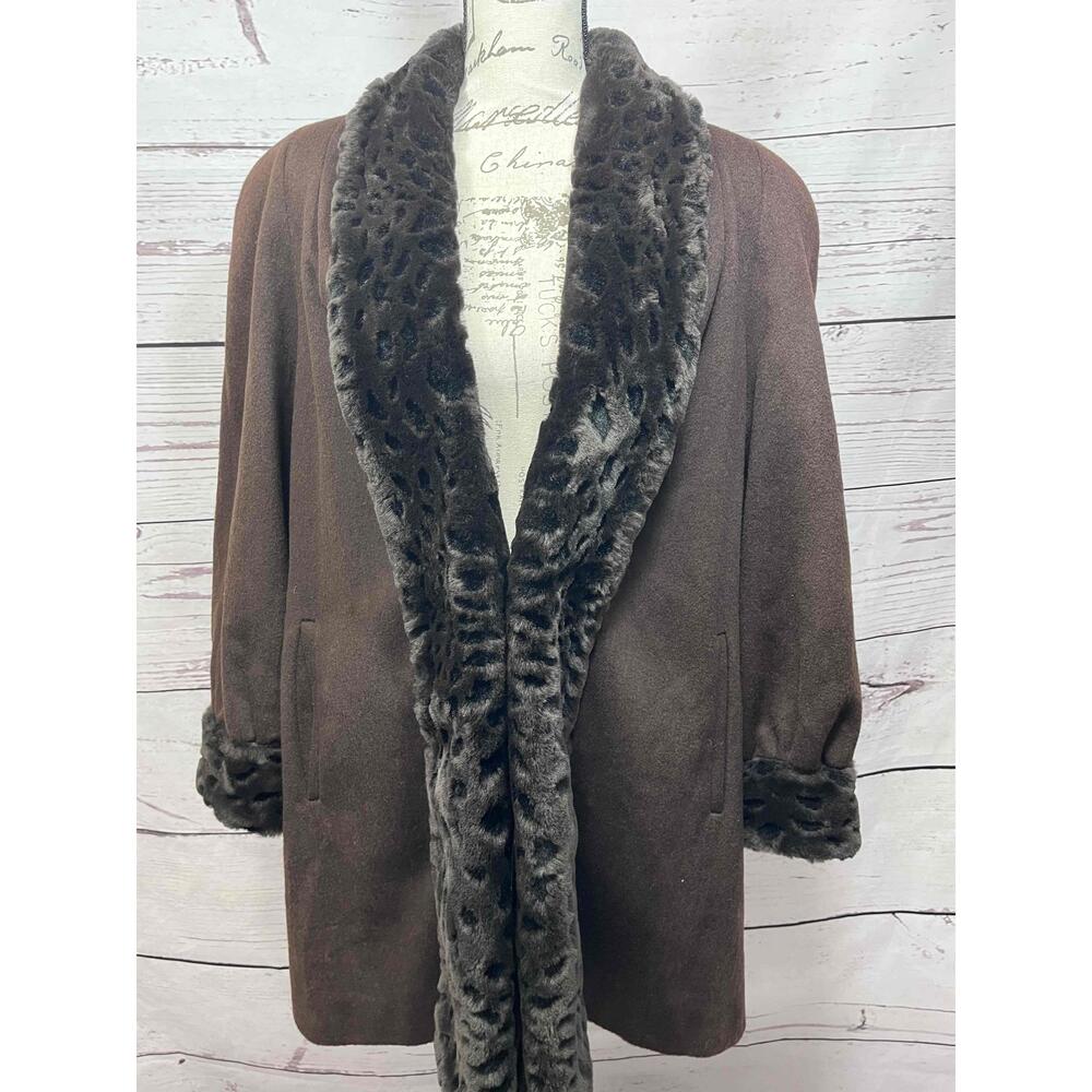 Alorna Wool Coat Brown Faux Fur Trim Shawl Collar Swing Size Large USA